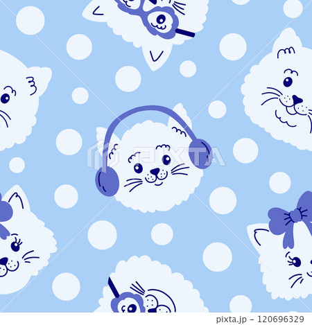 Seamless pattern with cat faces and dots. 120696329