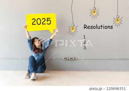 2025 resolutions with young woman raise arm, resolutions cheerful and happy new year 2025 resolutions with young woman raise arm, resolutions cheerful and happy new year 120696351