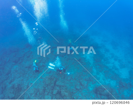 真っ青な海に潜航するスクーバーダイバーたち。  静岡県伊豆半島賀茂郡南伊豆町中木ヒリゾ浜2024年 120696846