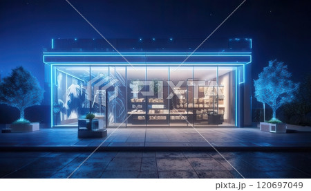 A futuristic 3D storefront with glowing blue lines and modern architectural design, set in a serene night setting. A futuristic 3D storefront with glowing blue lines and modern architectural design, set in a serene night setting. 120697049
