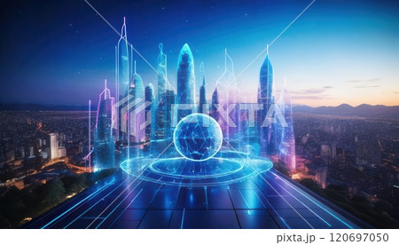 A stunning 3D futuristic cityscape featuring glowing holographic buildings and a digital sphere in a vibrant skyline. 120697050