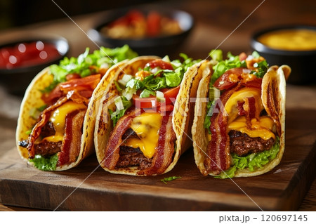 Delicious bacon cheeseburger tacos with fresh lettuce and tomato on rustic wooden board 120697145