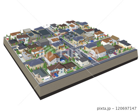 家　住宅　街　CG ジオラマ　BG　街並み　斜め　背景 120697147