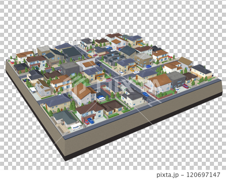 家　住宅　街　CG ジオラマ　BG　街並み　斜め　背景 120697147