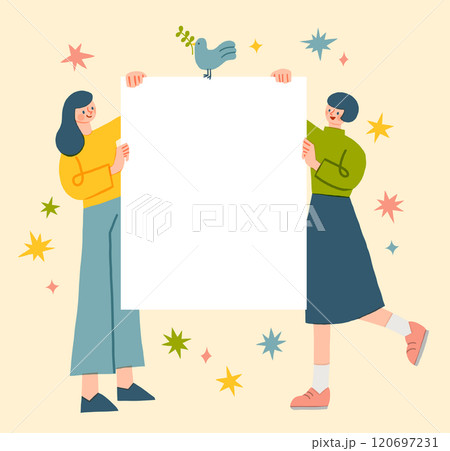 白いボードを持つ二人の女性 イラストフレーム 白いボードを持つ二人の女性 イラストフレーム 120697231