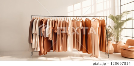 minimalistic beige female fashion dress clothes boutique, ai 120697814