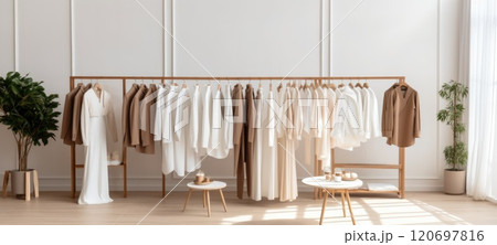 minimalistic beige female fashion dress clothes boutique, ai 120697816