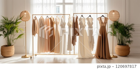 minimalistic beige female fashion dress clothes boutique, ai 120697817