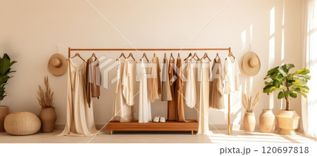 minimalistic beige female fashion dress clothes boutique, ai 120697818
