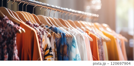 colorful female fashion dress clothes boutique, ai 120697904