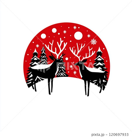 Silhouetted Reindeer rudolph in a Festive Red Winter Forest Scene 120697933