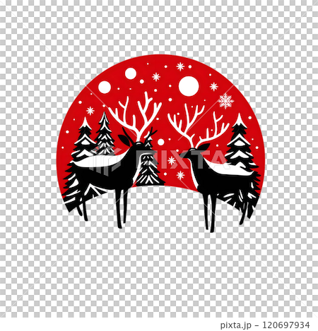 Silhouetted Reindeer rudolph in a Festive Red Winter Forest Scene_Transparent 120697934