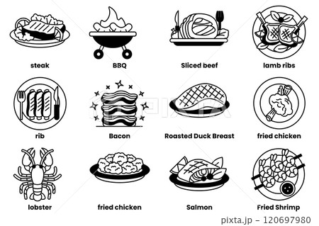 Set of illustrations in the concept of Food and BBQ in a line style Set of illustrations in the concept of Food and BBQ in a line style 120697980