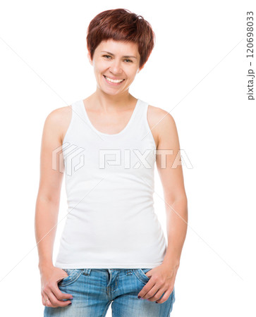 White t-shirt on a young woman template isolated on white background White t-shirt on a young woman template isolated on white background 120698033