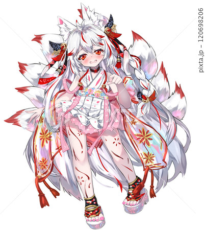 手描きイラスト オリジナル 創作 女性 妖怪 狐 けもの耳 A4 【唯