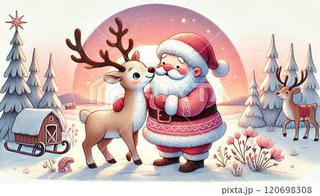 夕焼けの雪景色でサンタクロースとトナカイが心温まる触れ合いをする冬のワンシーン 120698308