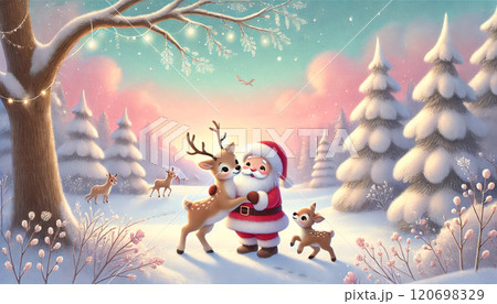 サンタクロースとトナカイが雪景色の森で温かい交流をする冬の幻想的なひととき 120698329