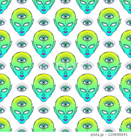 Seamless pattern of neon green alien faces  120698841