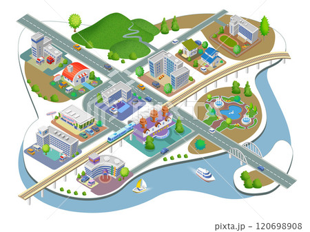 生活に根差したスマートシティの町並みイラスト   バリエーションあり 120698908