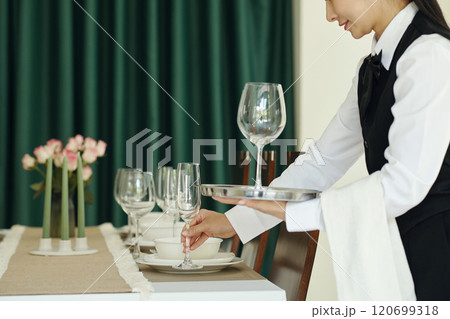 Setting Up Elegant Dining Table for Formal Event 120699318