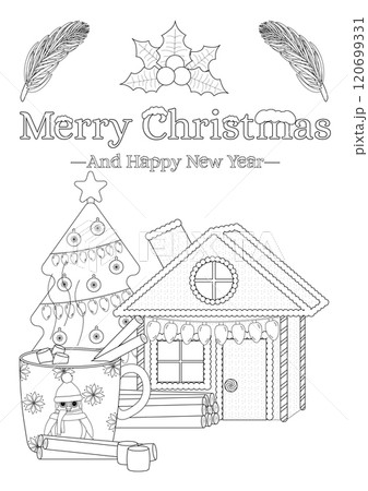 Christmas Coloring Page with Gingerbread House, Christmas Tree, and Festive Mug 120699331