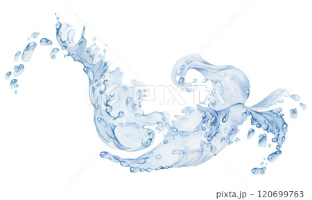 Water flow, splashes bubbles waves with drops, ice cubes hand drawn in watercolor. Blue liquid pouring motion, flowing clear wet spray ripples. Illustration, single object isolated on white background 120699763