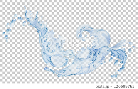 Water flow, splashes bubbles waves with drops, ice cubes hand drawn in watercolor. Blue liquid pouring motion, flowing clear wet spray ripples. Illustration, single object isolated on white background 120699763