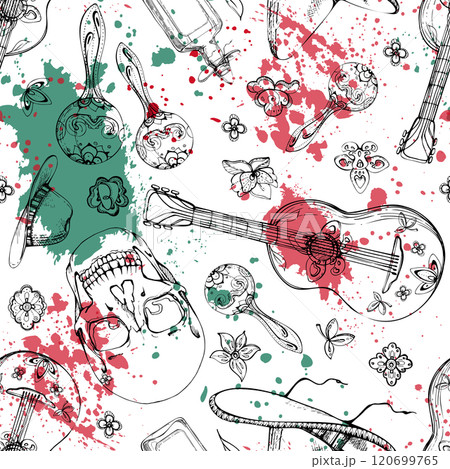 Mexican sombrero hat, guitar maracas musical instruments, cinco de mayo floral skull, red green white splash. Hand drawn ink vector illustration. Isolated seamless pattern for travel, gift shop paper 120699765