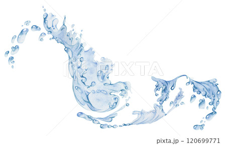 Water flow, splashes bubbles waves with drops, ice cubes hand drawn in watercolor. Blue liquid pouring motion, flowing clear wet spray ripples. Illustration, single object isolated on white background 120699771