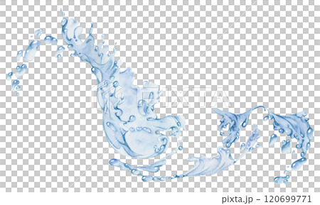 Water flow, splashes bubbles waves with drops, ice cubes hand drawn in watercolor. Blue liquid pouring motion, flowing clear wet spray ripples. Illustration, single object isolated on white background 120699771