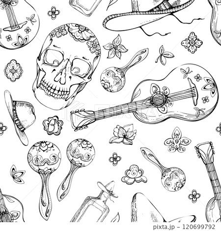 Mexican symbols sombrero hat, guitar maracas musical instruments, cinco de mayo floral skull. Hand drawn ink vector illustration. Seamless pattern isolated on white. Design travel, vacation, brochure 120699792