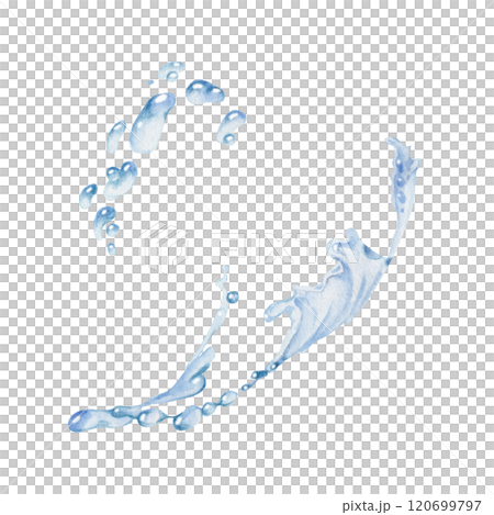 Water flow, splashes bubbles waves with drops, ice cubes hand drawn in watercolor. Blue liquid pouring motion, flowing clear wet spray ripples. Illustration, single object isolated on white background 120699797