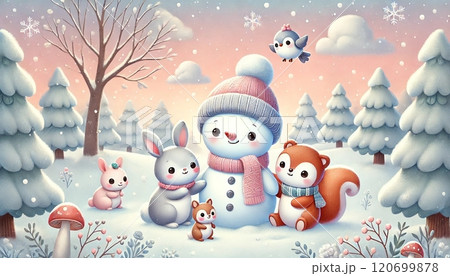 雪だるまとリス、うさぎ、小鳥が彩る冬の柔らかな森のファンタジー風景