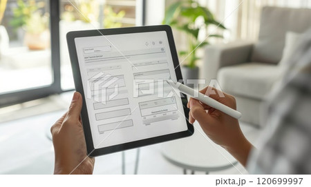 Hand with stylus filling out consumer survey form on tablet, emphasis on modern design. Consumer survey answer form Hand with stylus filling out consumer survey form on tablet, emphasis on modern design. Consumer survey answer form 120699997