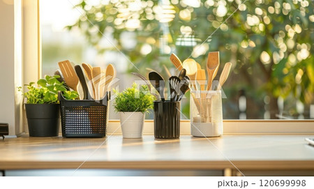 1. Zero-waste office kitchen featuring composting bins and reusable utensils 1. Zero-waste office kitchen featuring composting bins and reusable utensils 120699998