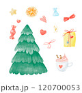 Watercolor illustration Christmas tree with decorations set 120700053