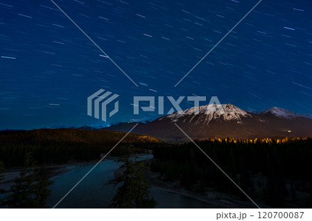 Jasper National Park Dark Sky. Alberta, Canada. Canadian Rockies summer starry night. Whistlers Peak mountain in the background. Jasper National Park Dark Sky. Alberta, Canada. Canadian Rockies summer starry night. Whistlers Peak mountain in the background. 120700087