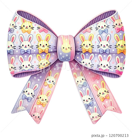 An adorable Easter bow featuring a playful bunny pattern with pastel polka dots and vibrant colors, perfect for decor. 120700213