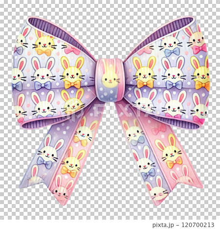 An adorable Easter bow featuring a playful bunny pattern with pastel polka dots and vibrant colors, perfect for decor. 120700213