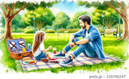 Father and Daughter Enjoying Picnic in Park Father and Daughter Enjoying Picnic in Park 120700247