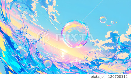 虹色にきらめく波しぶきのイラスト背景 120700512