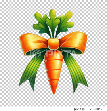 A vibrant Easter bow featuring a carrot centerpiece with green leaves and orange ribbons, perfect for festive decor. 120700529