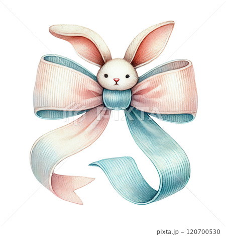 A delightful Easter bow featuring a bunny head and pastel pink and blue long flowing ribbons, perfect for decor. A delightful Easter bow featuring a bunny head and pastel pink and blue long flowing ribbons, perfect for decor. 120700530