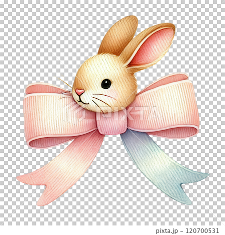 An adorable Easter bow featuring a bunny head with pastel pink and blue ribbons, perfect for festive decorations. 120700531