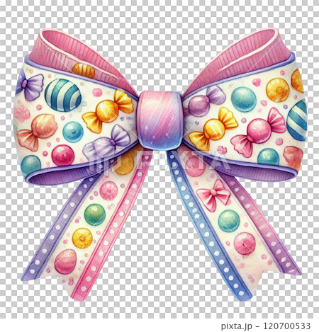 A vibrant Easter bow decorated with colorful candy patterns, polka dots, and pastel accents, perfect for festive occasions. 120700533