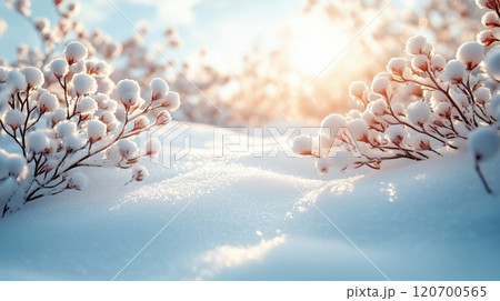 Tranquil Winter Scene with Glimmering Snow and Blossoms 120700565