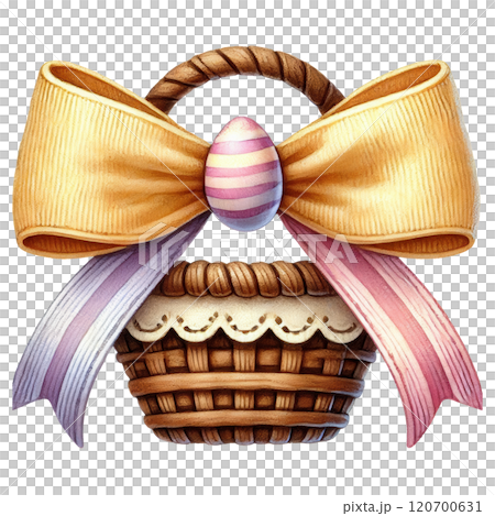 A delightful Easter basket adorned with a golden bow, pastel ribbons, and a decorative striped egg centerpiece. 120700631