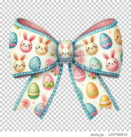 A festive Easter bow adorned with cute bunny faces, colorful eggs, flowers, and dotted accents, perfect for decorations. A festive Easter bow adorned with cute bunny faces, colorful eggs, flowers, and dotted accents, perfect for decorations. 120700632