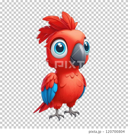 Cute cartoon red parrot with blue eyes and wings. 120700804