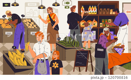 Vector people at grocery shop. Store interior with buyers. Supermarket with fruits and vegetables, dairy drinks. Purchase and selection, choosing food products. Aisle section arrangement. Retail, sale 120700816